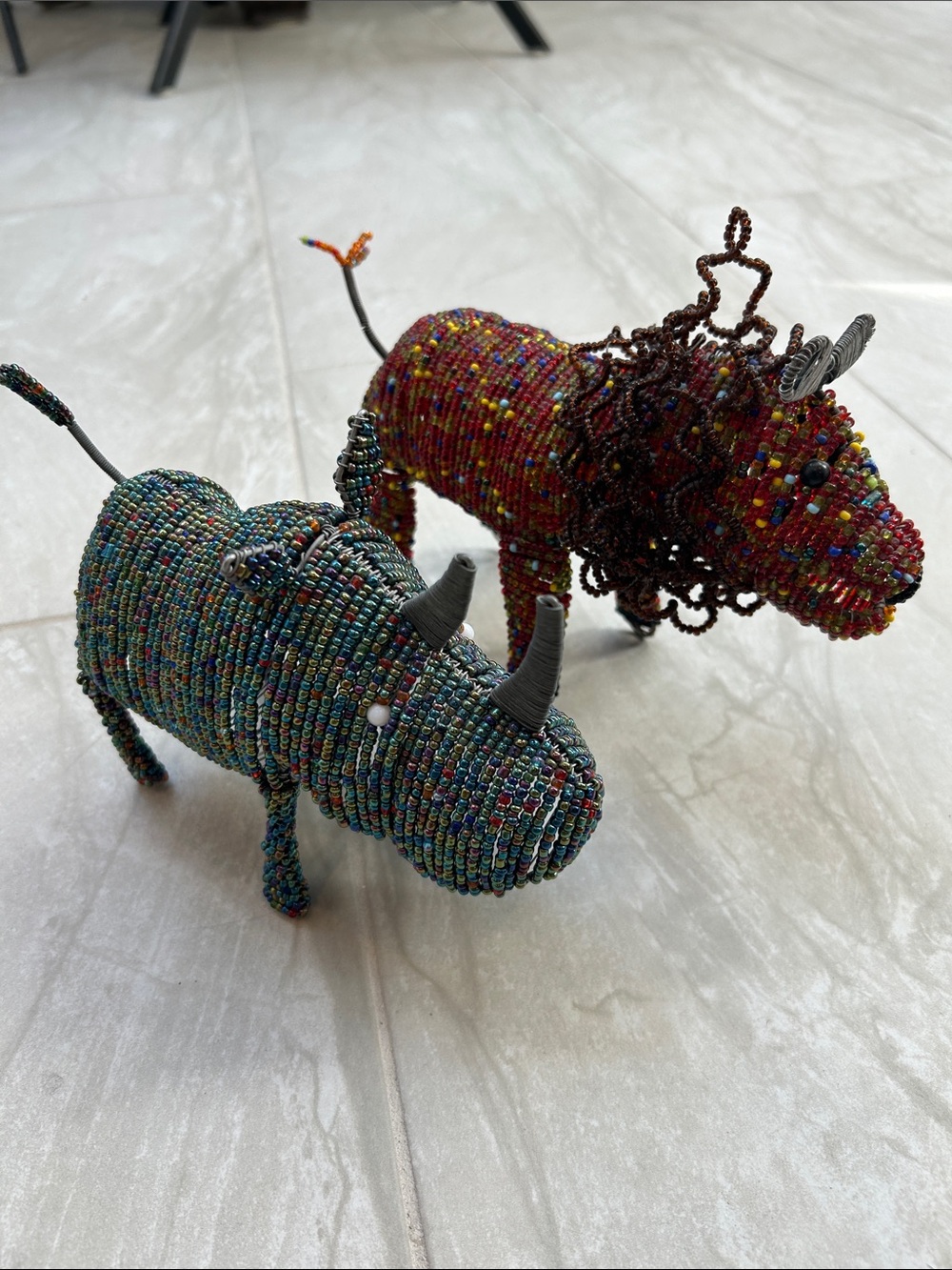 Handcrafted Beaded Rhino and Lion Figurines - Multicolor